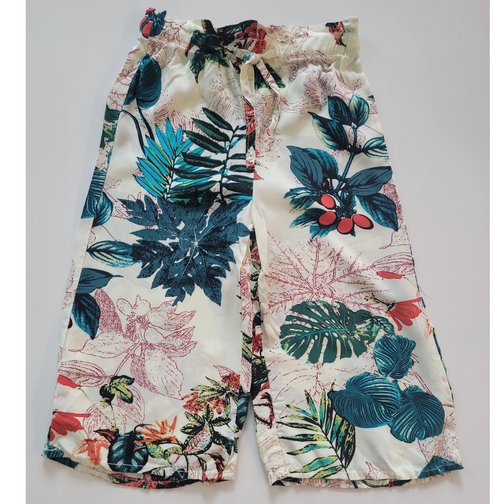 Girls Tropical Floral Wide Leg Pants Cream Green Elastic Waist Culottes